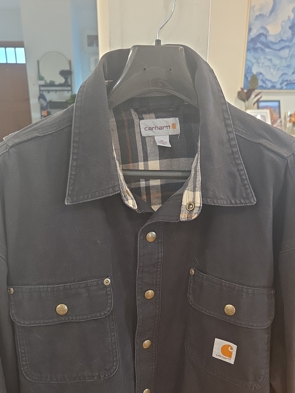 Carhartt Men's "Casella" Black Canvas Work Jacket with Blanket Plaid Lining (XL)